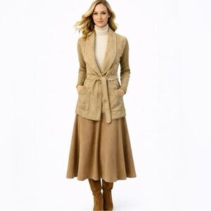 Vintage Banff Sweater Bee Tan Suede Patchwork Belted Open Jacket – Medium🧡